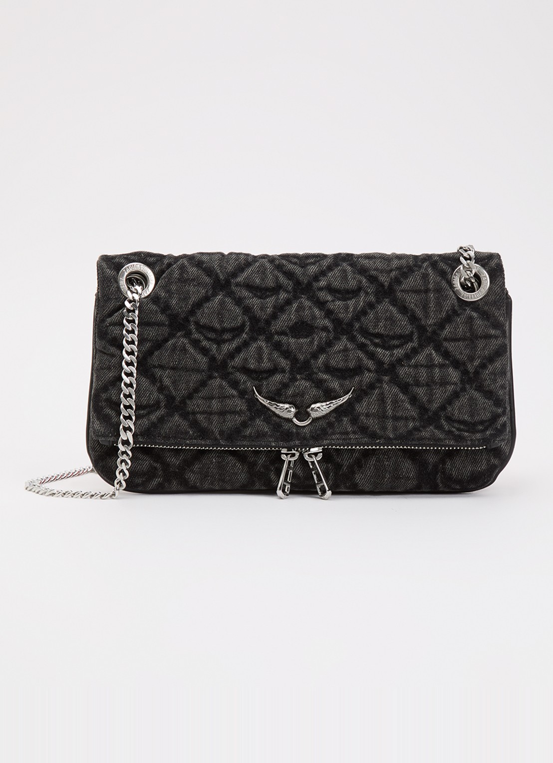 Zadig&Voltaire Rock II clutch van denim met verstelbare schouderriem - voorkant 4 donkergrijs
