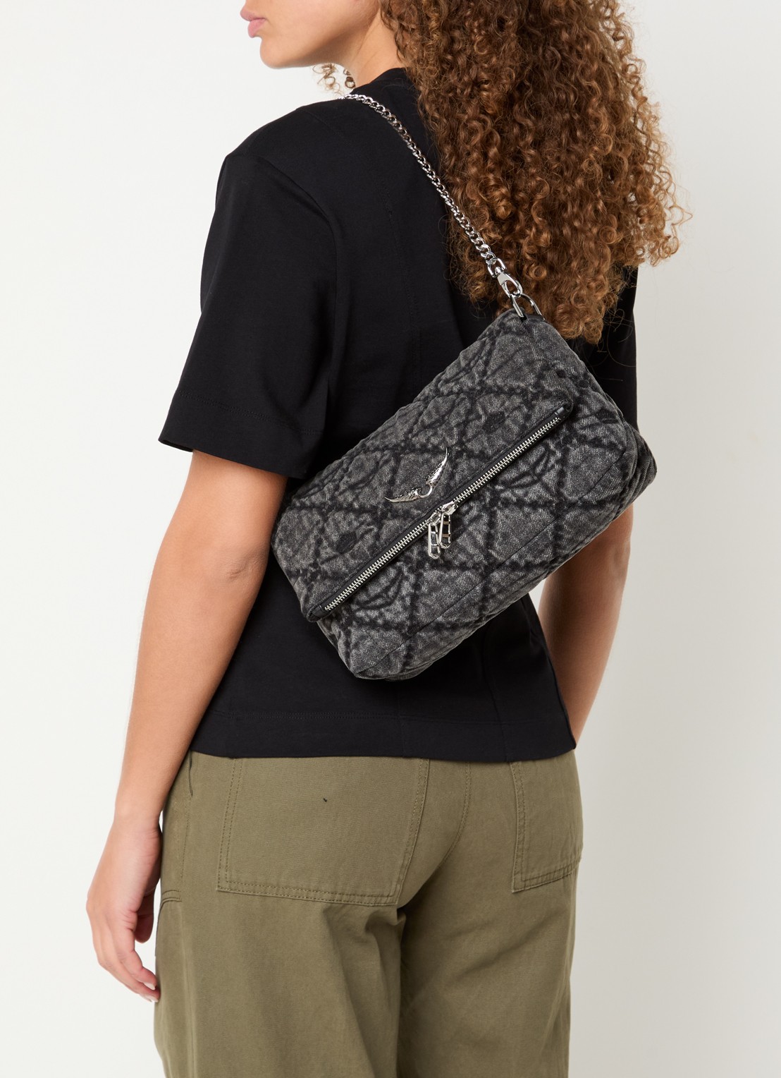 Zadig&Voltaire Rock II schoudertas met quilt patroon en afneembare schouderriem - voorkant 3 donkergrijs