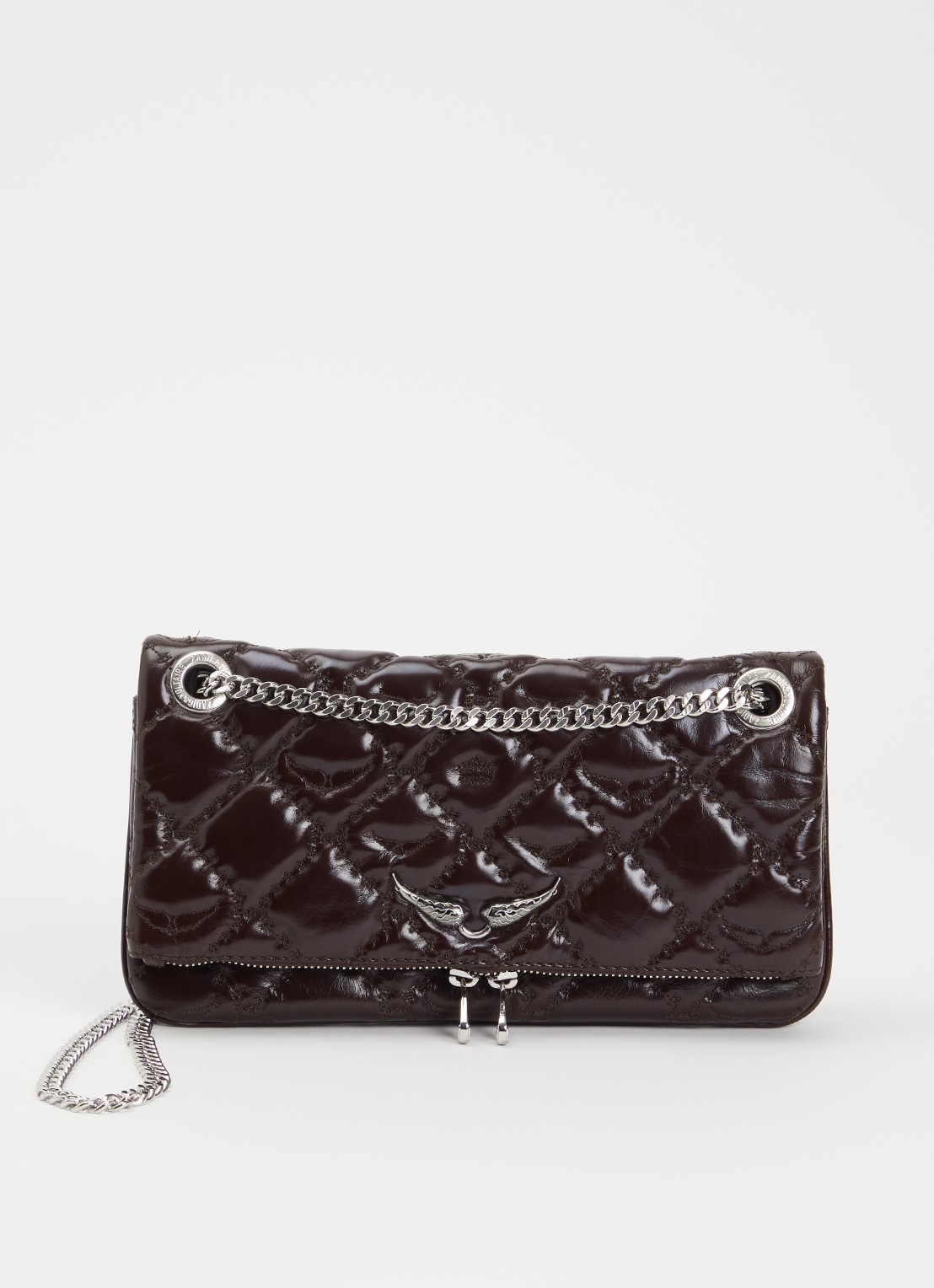 Zadig&Voltaire Rock II Vintage clutch van lakleer met verstelbare schouderriem - voorkant 5 donkerbruin