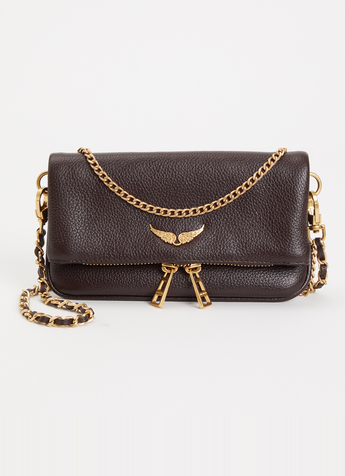 Zadig&Voltaire Rock Mini clutch van leer met afneembare schouderriem - voorkant bruin