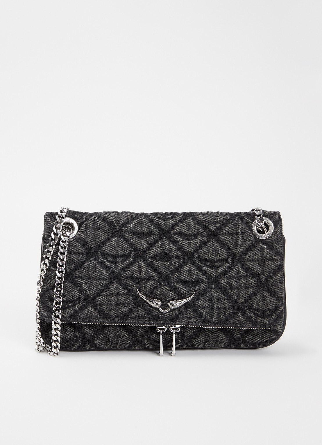 Zadig&Voltaire Rock Nano clutch van denim met afneembare schouderriem - voorkant 4 donkergrijs
