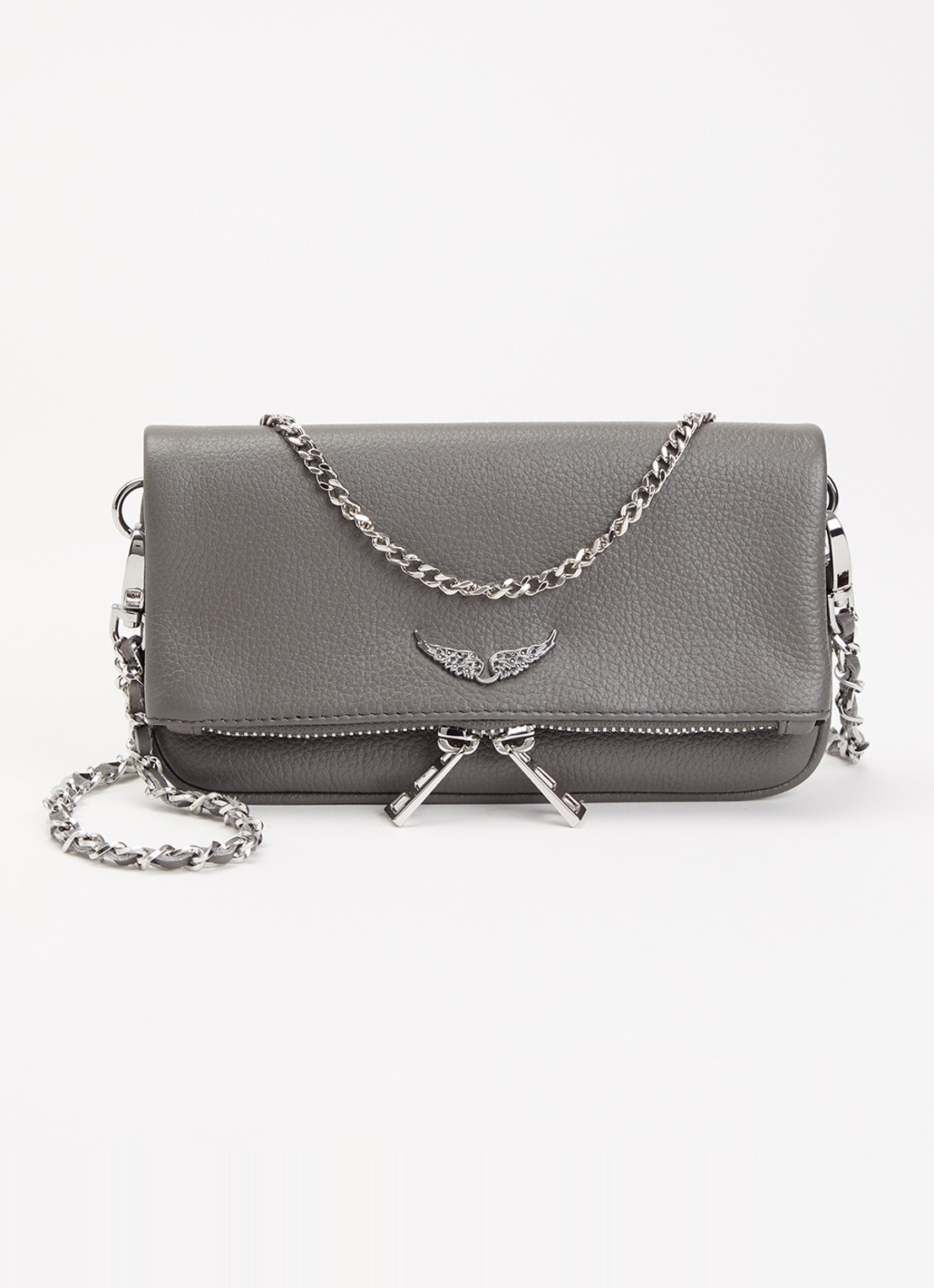 Zadig&Voltaire Rock Nano clutch van leer met afneembare schouderriem - voorkant grijs
