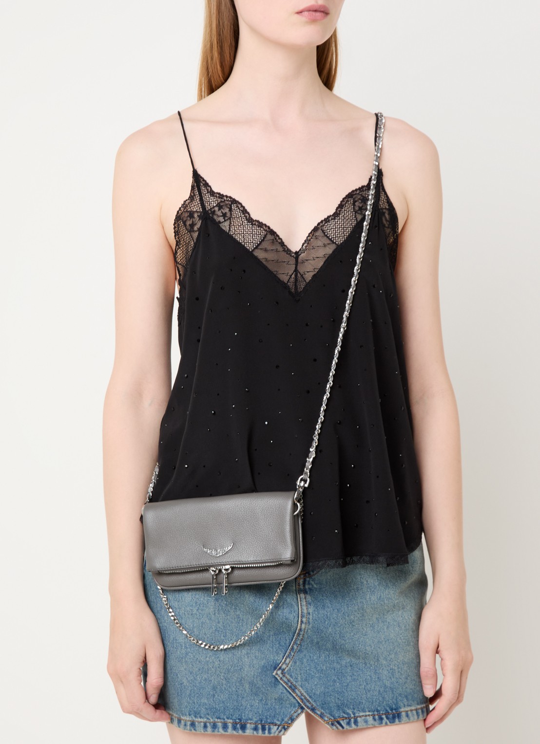 Zadig&Voltaire Rock Nano clutch van leer met afneembare schouderriem - voorkant 2 grijs