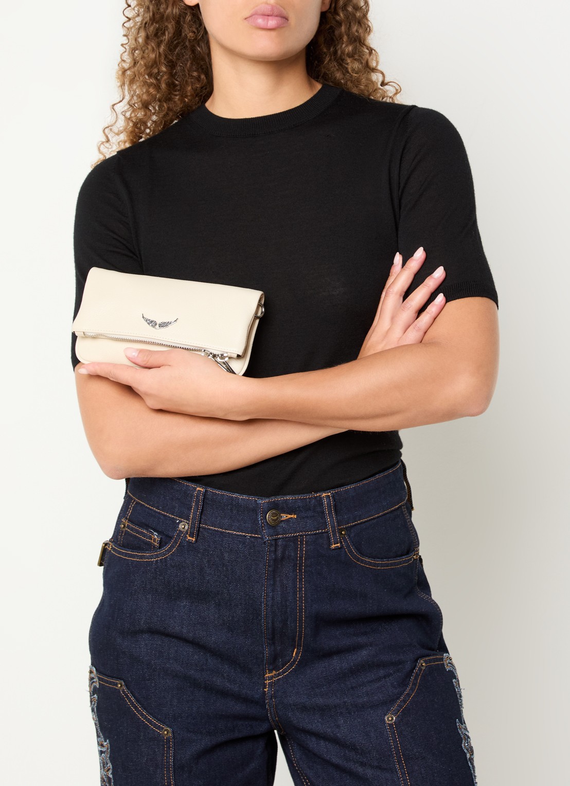 Zadig&Voltaire Rock Nano clutch van leer met afneembare schouderriem - voorkant 6 creme