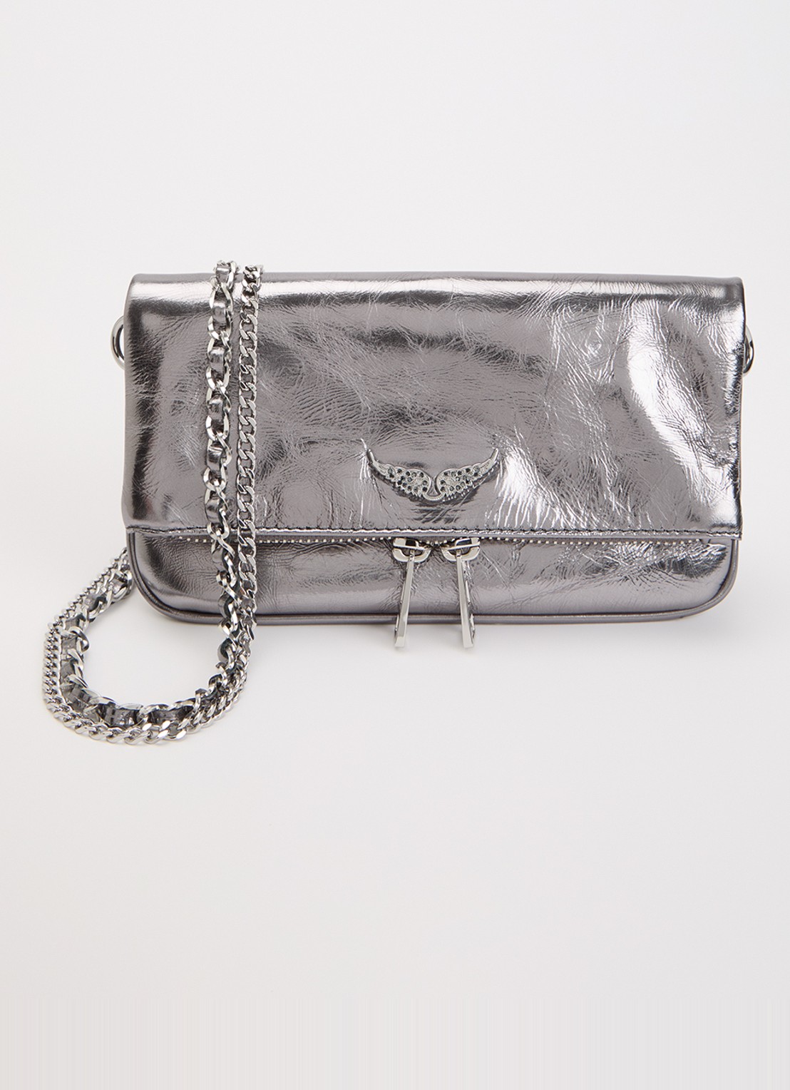 Zadig&Voltaire Rock Nano clutch van leer met metallic finish en afneembare schouderriem - voorkant 2 zilver