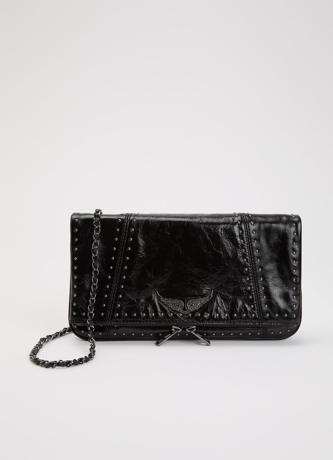 Zadig&Voltaire Rock vintage clutch van leer met metallic finish en studs - voorkant zwart