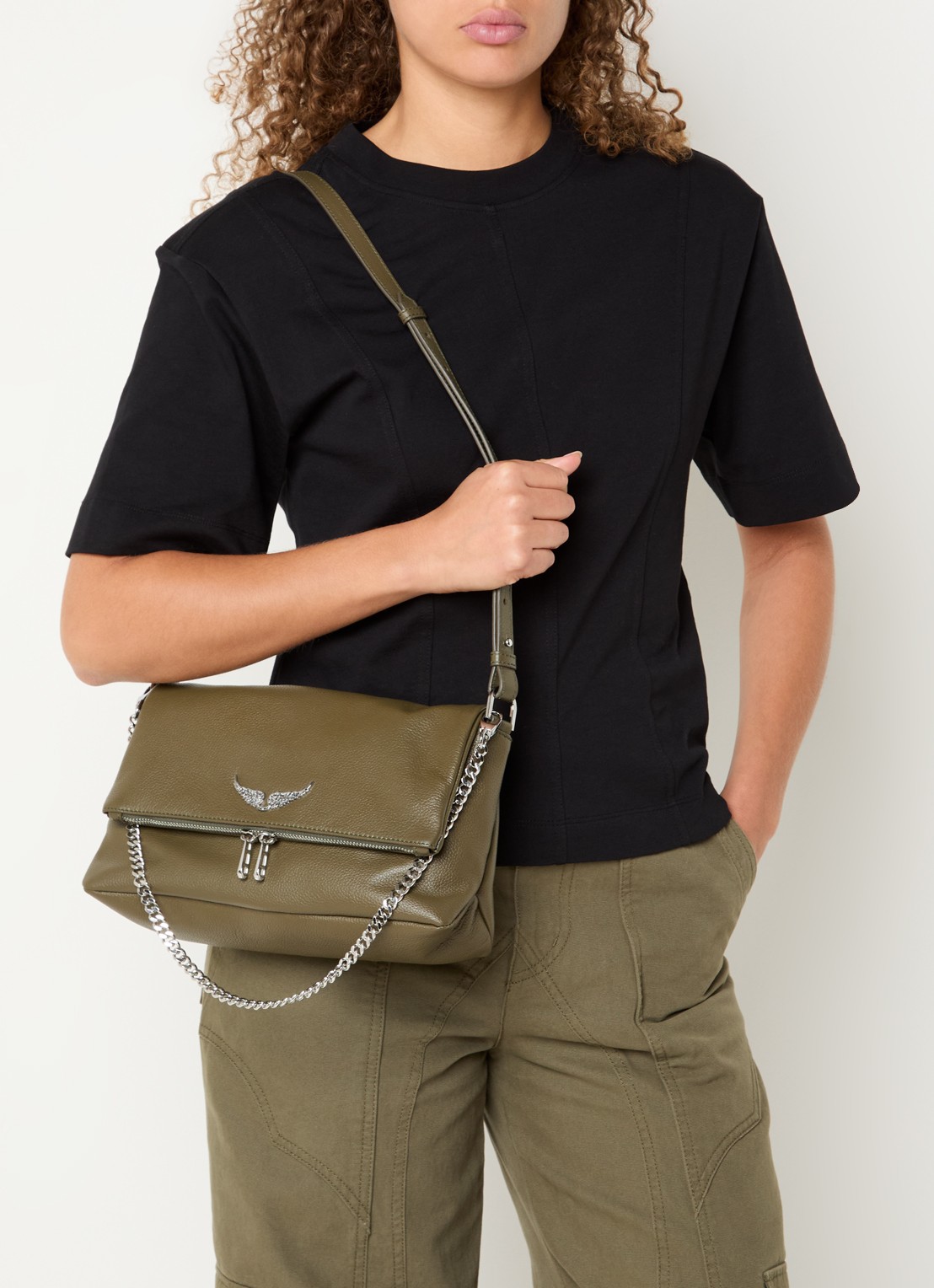 Zadig&Voltaire Rocky II schoudertas van leer met logo - voorkant 3 bronsgroen