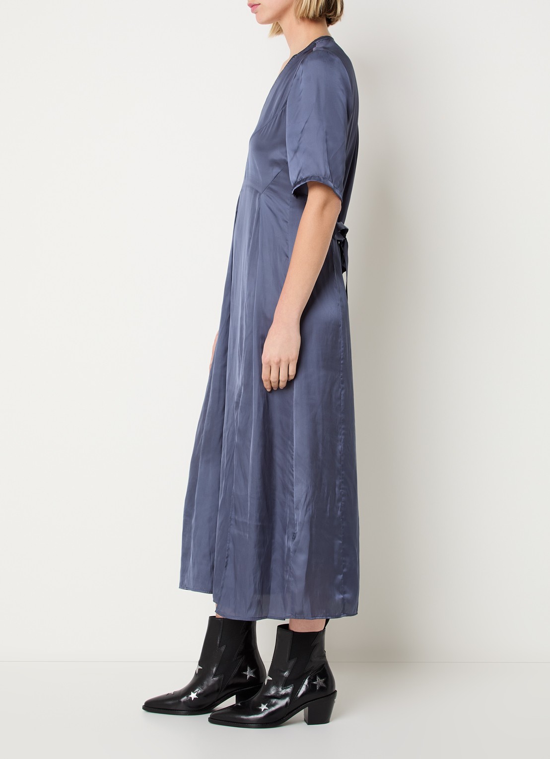 Zadig&Voltaire Rodalan midi jurk van satijn met split - voorkant 4 royalblauw