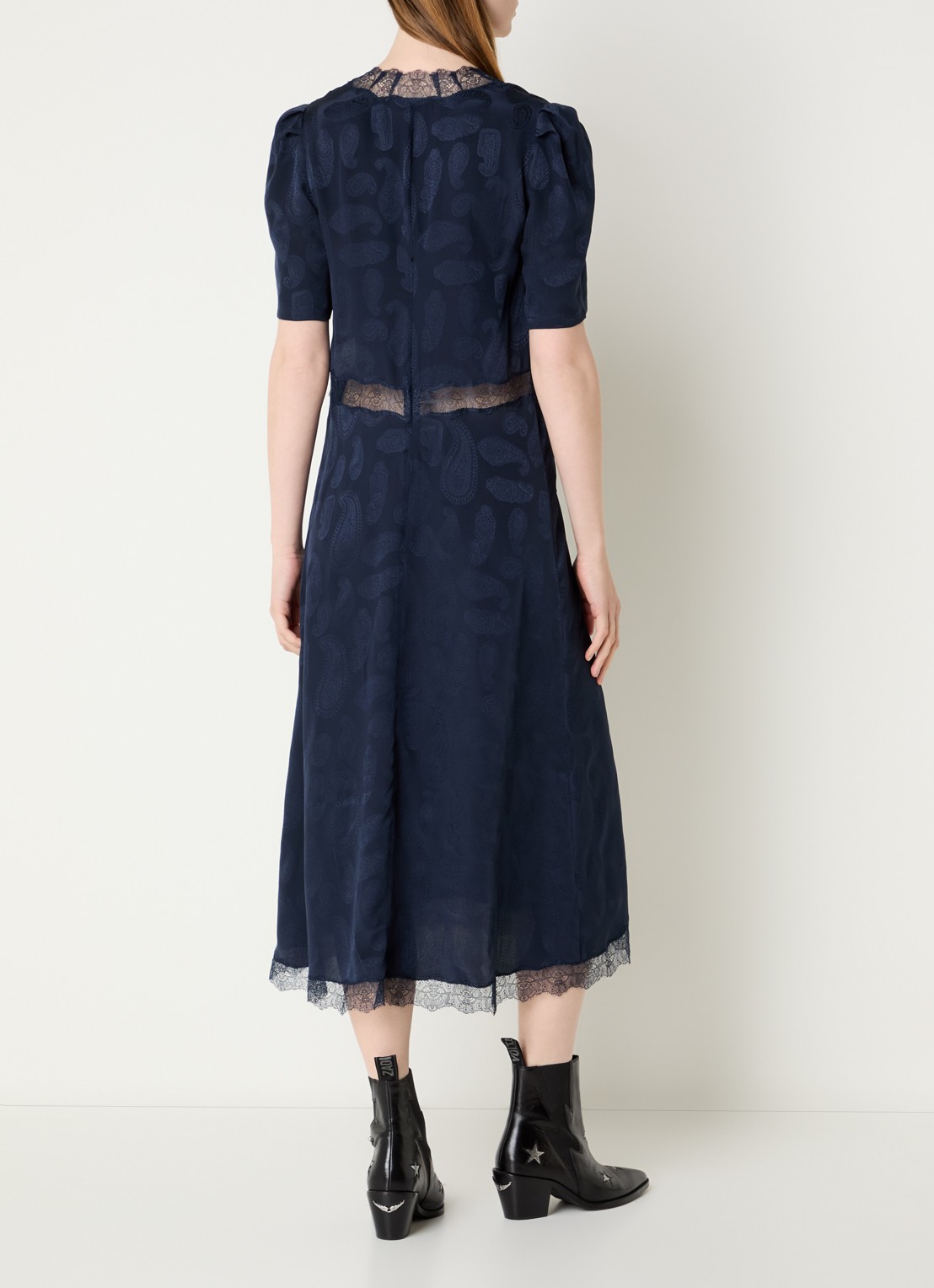 Zadig&Voltaire Rodexa mini jurk van zijde met print en details van kant  - achterkant donkerblauw