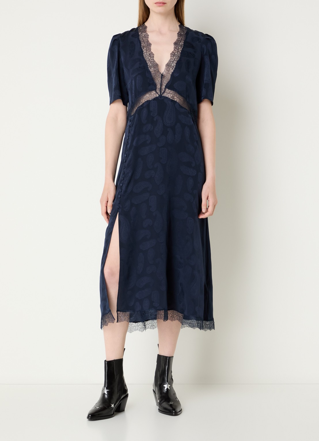 Zadig&Voltaire Rodexa mini jurk van zijde met print en details van kant  - detail 2 donkerblauw