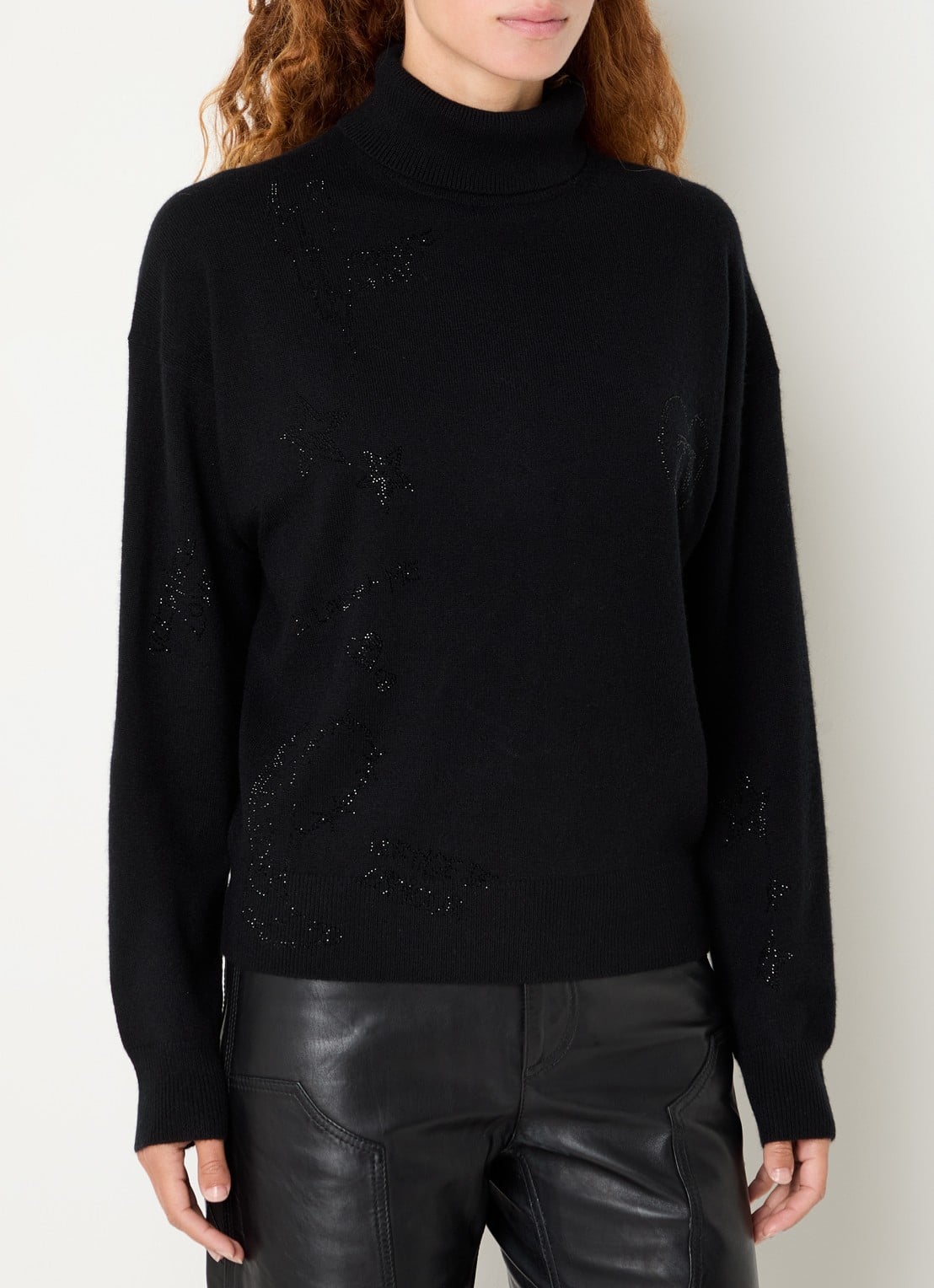 Zadig&Voltaire Souly fijngebreide coltrui van kasjmier met strass - detail zwart