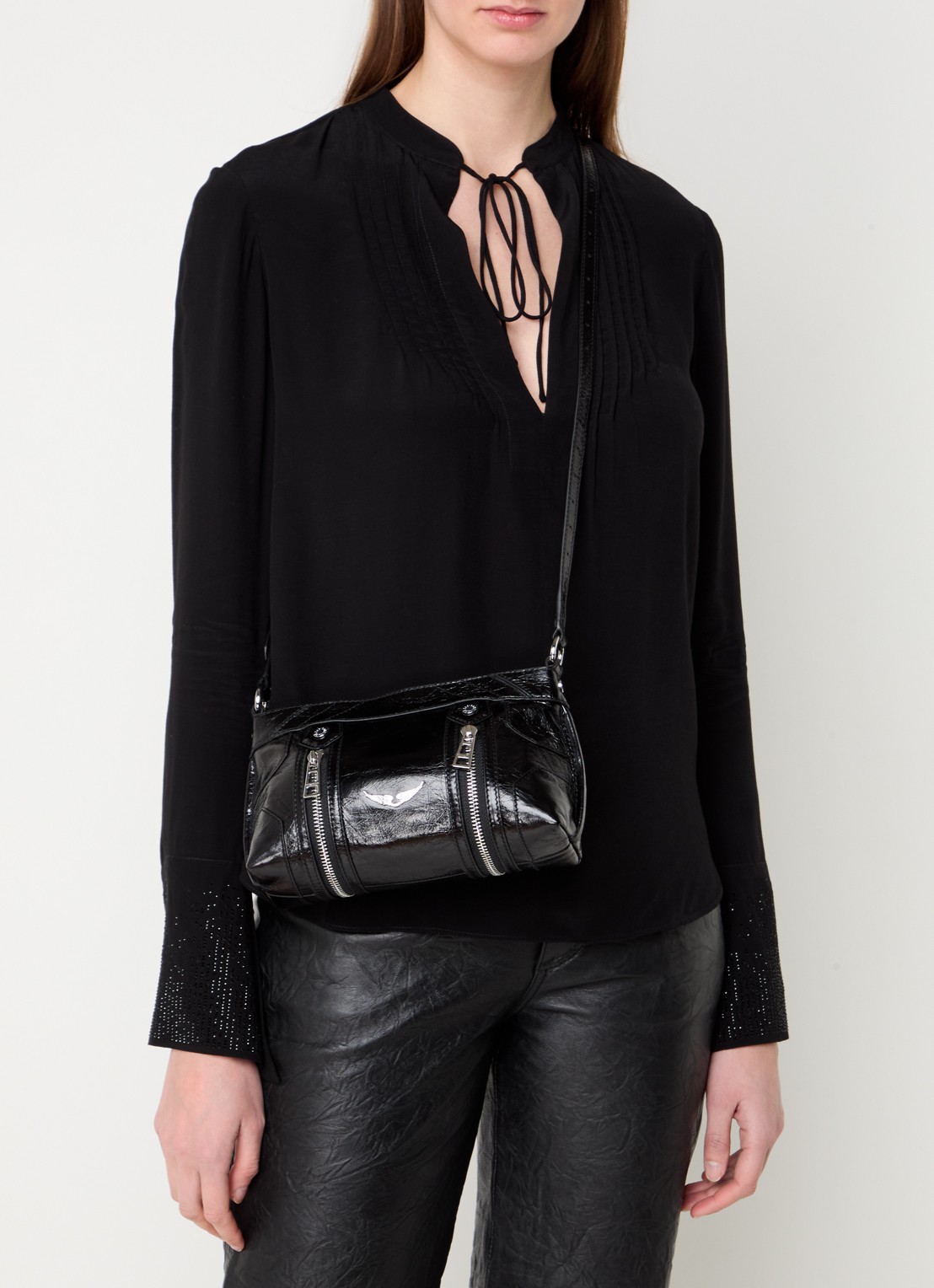 Zadig&Voltaire Sunny Mood crossbodytas van leer met structuur - voorkant 5 zwart