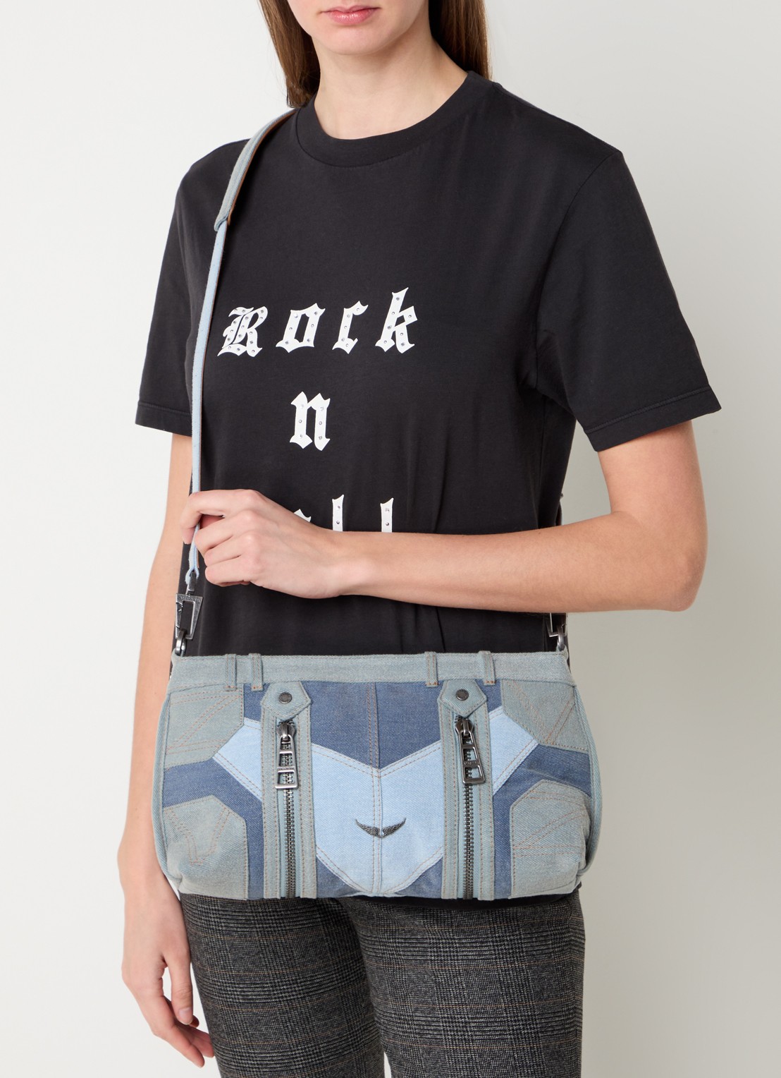 Zadig&Voltaire Sunny Moody schoudertas van denim met verstelbare schouderriem - voorkant 4 indigo