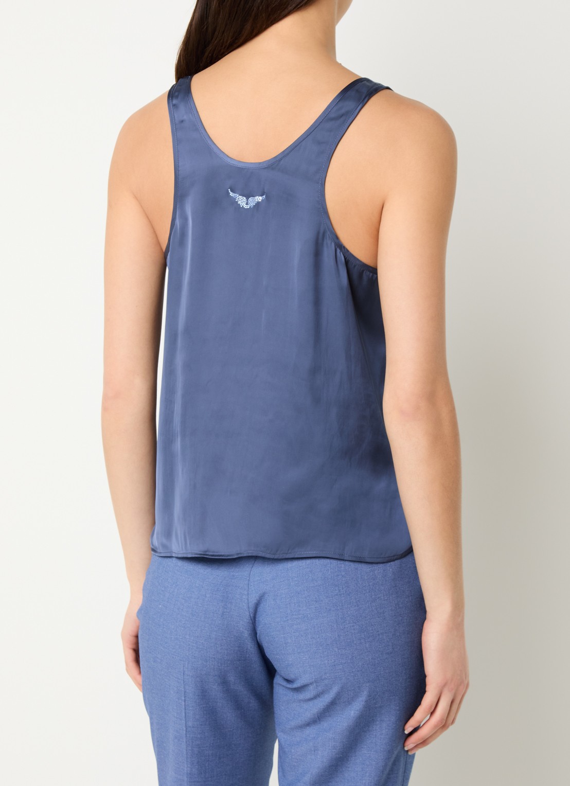 Zadig&Voltaire Tarys tanktop van satijn met strass - achterkant staalblauw