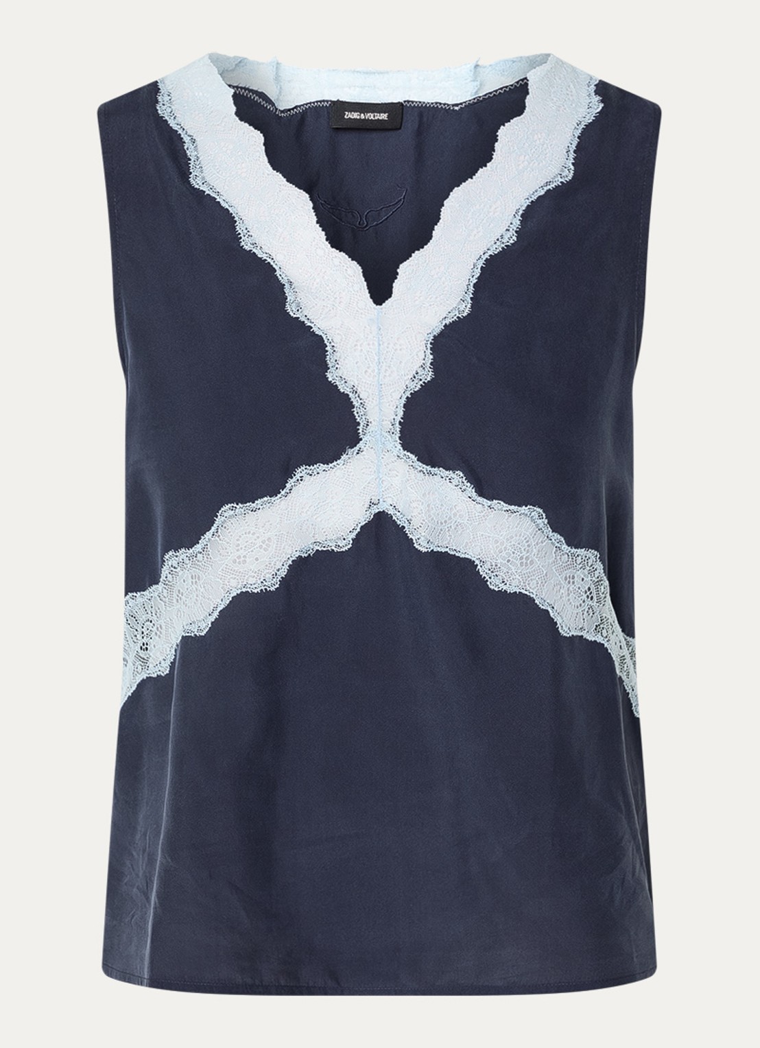 Zadig&Voltaire Tasao top van satijn met details van kant - voorkant donkerblauw