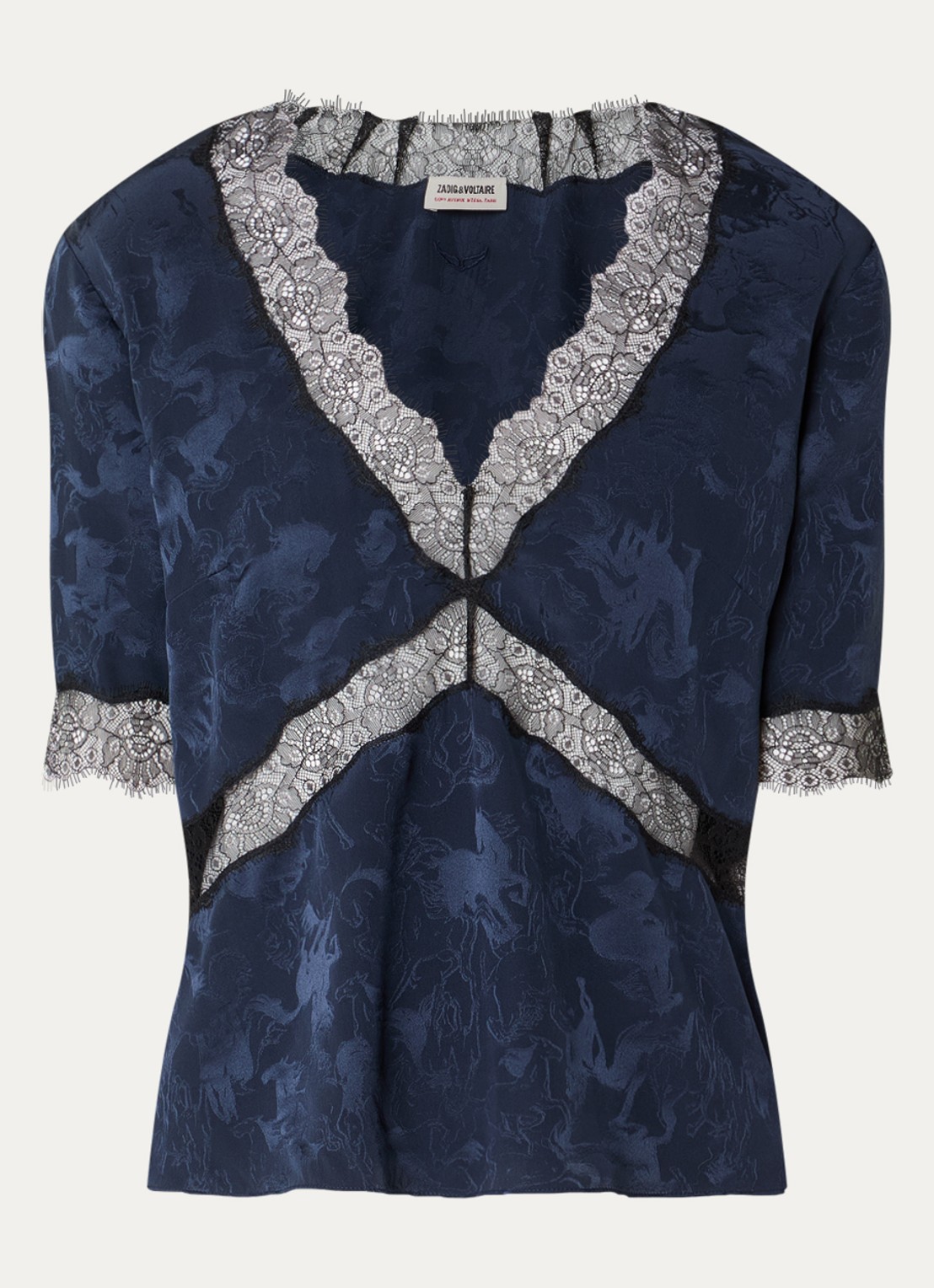 Zadig&Voltaire Tedoxa top met jacquard dessin en details van kant - voorkant 3 donkerblauw