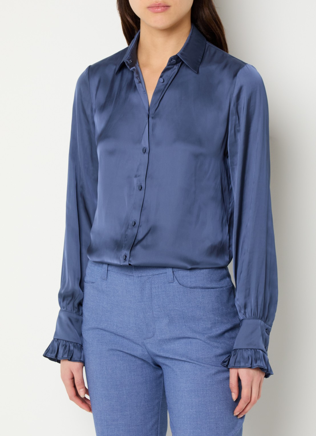 Zadig&Voltaire Thely blouse van satijn met ruches - detail 4 staalblauw