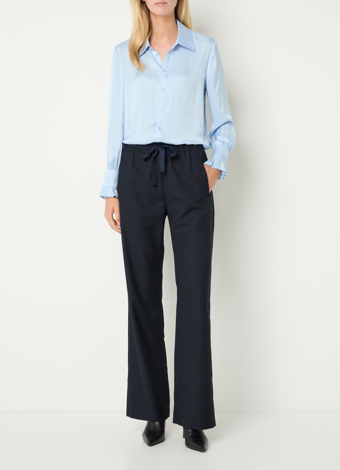 Zadig&Voltaire Thely blouse van satijn met ruches - voorkant 3 blauwgrijs