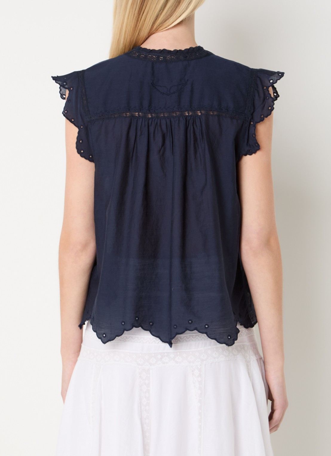 Zadig&Voltaire Tika Tomboy semi-transparante blouse met broderie - achterkant 4 donkerblauw