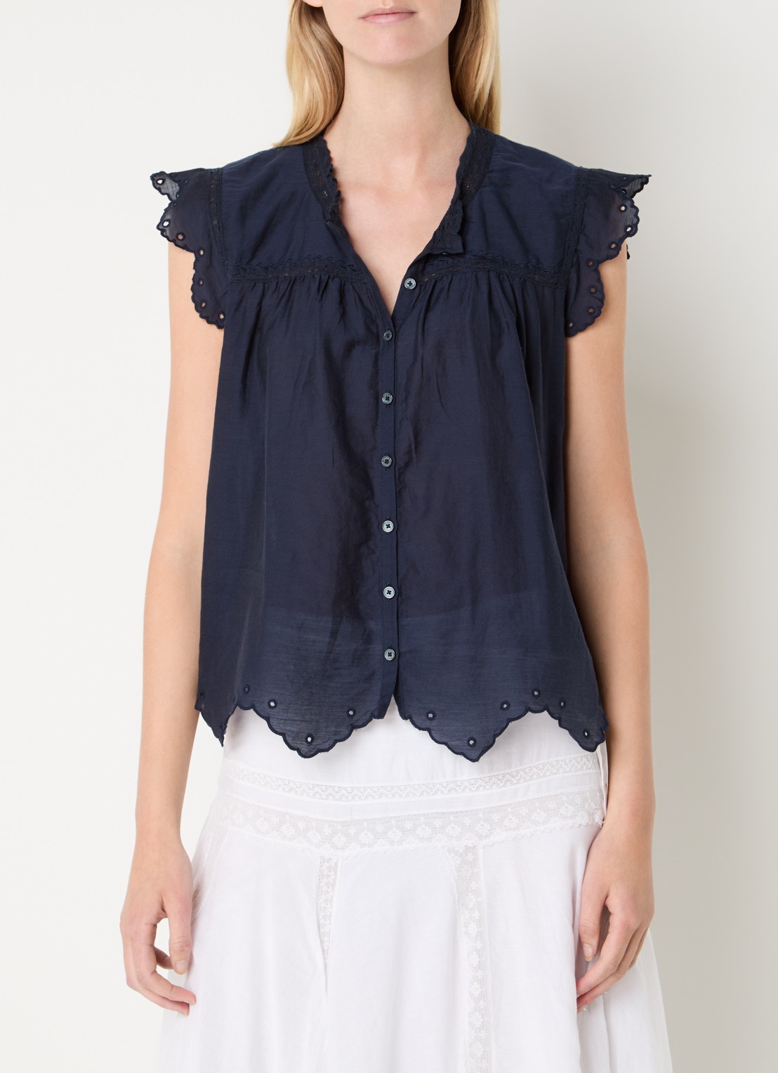 Zadig&Voltaire Tika Tomboy semi-transparante blouse met broderie - detail donkerblauw