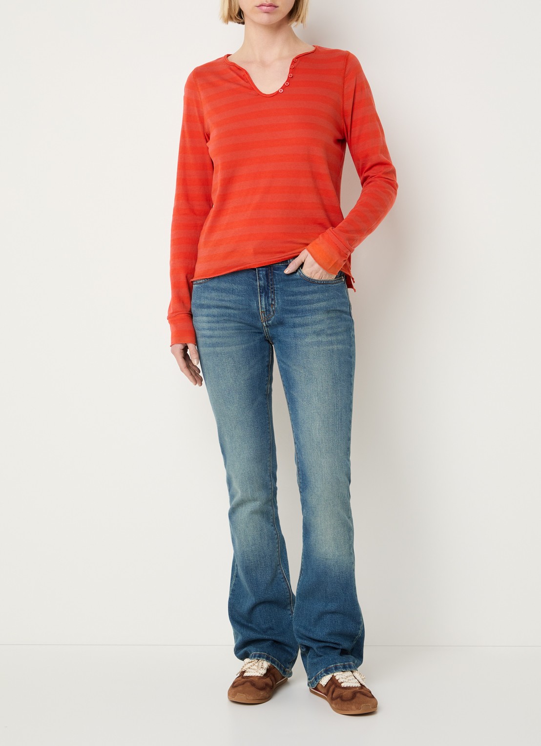 Zadig&Voltaire Tunisien longsleeve met V-hals - voorkant 3 oranjerood