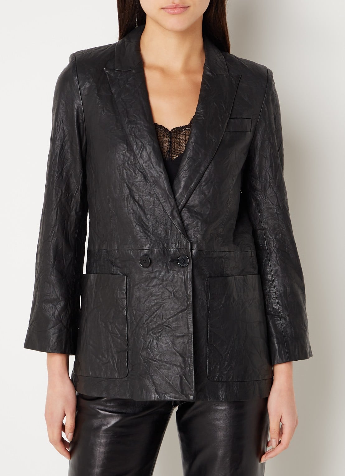 Zadig&Voltaire Visko double-breasted blazer van lamsleer met opgestikte zakken - detail 4 zwart