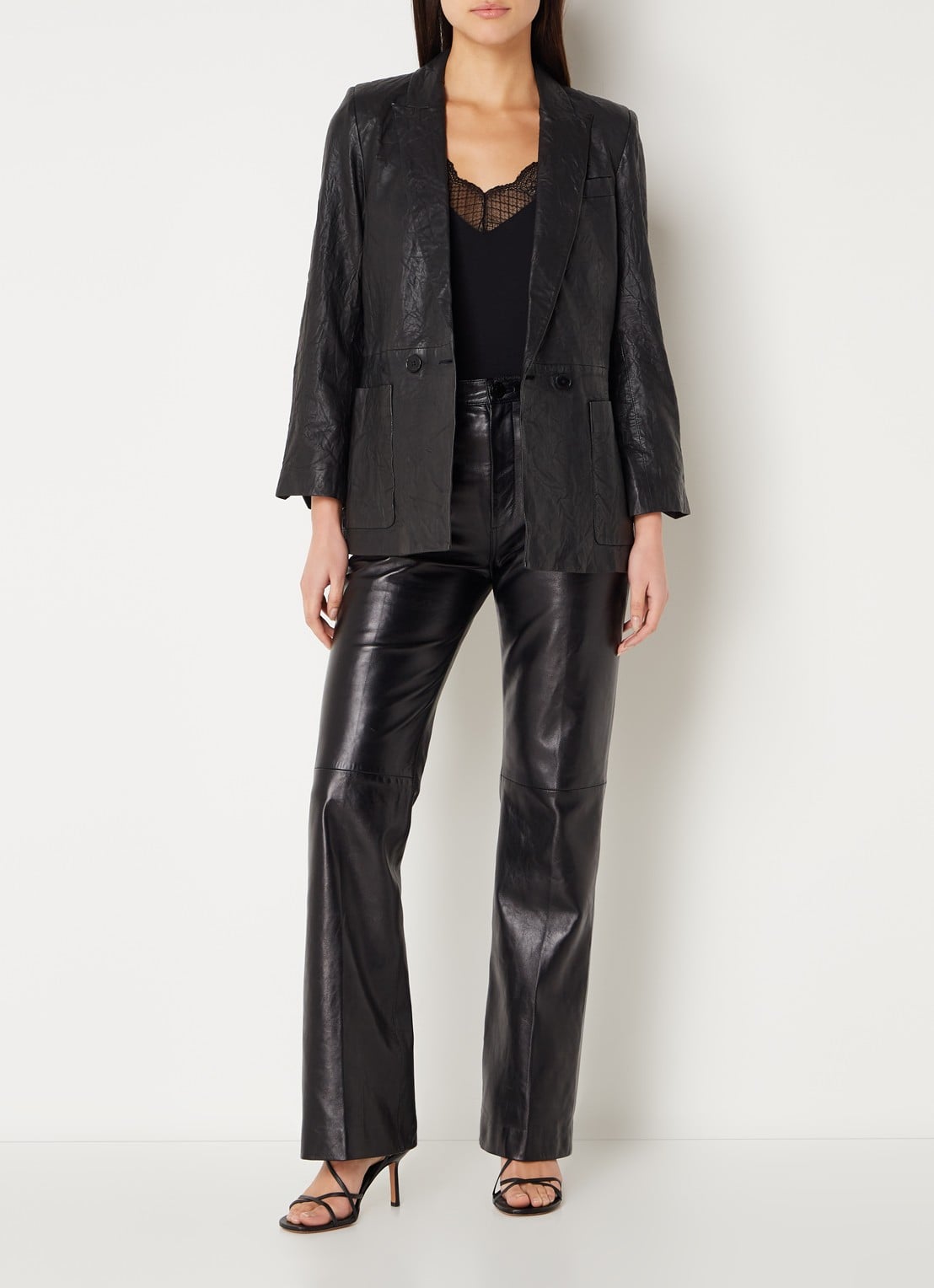 Zadig&Voltaire Visko double-breasted blazer van lamsleer met opgestikte zakken - voorkant 3 zwart