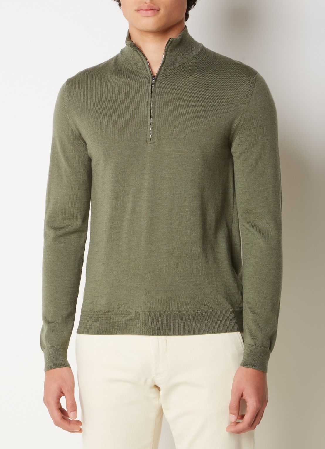 Zanone Fijngebreide pullover van scheerwol met halve rits - detail 3 olijfgroen
