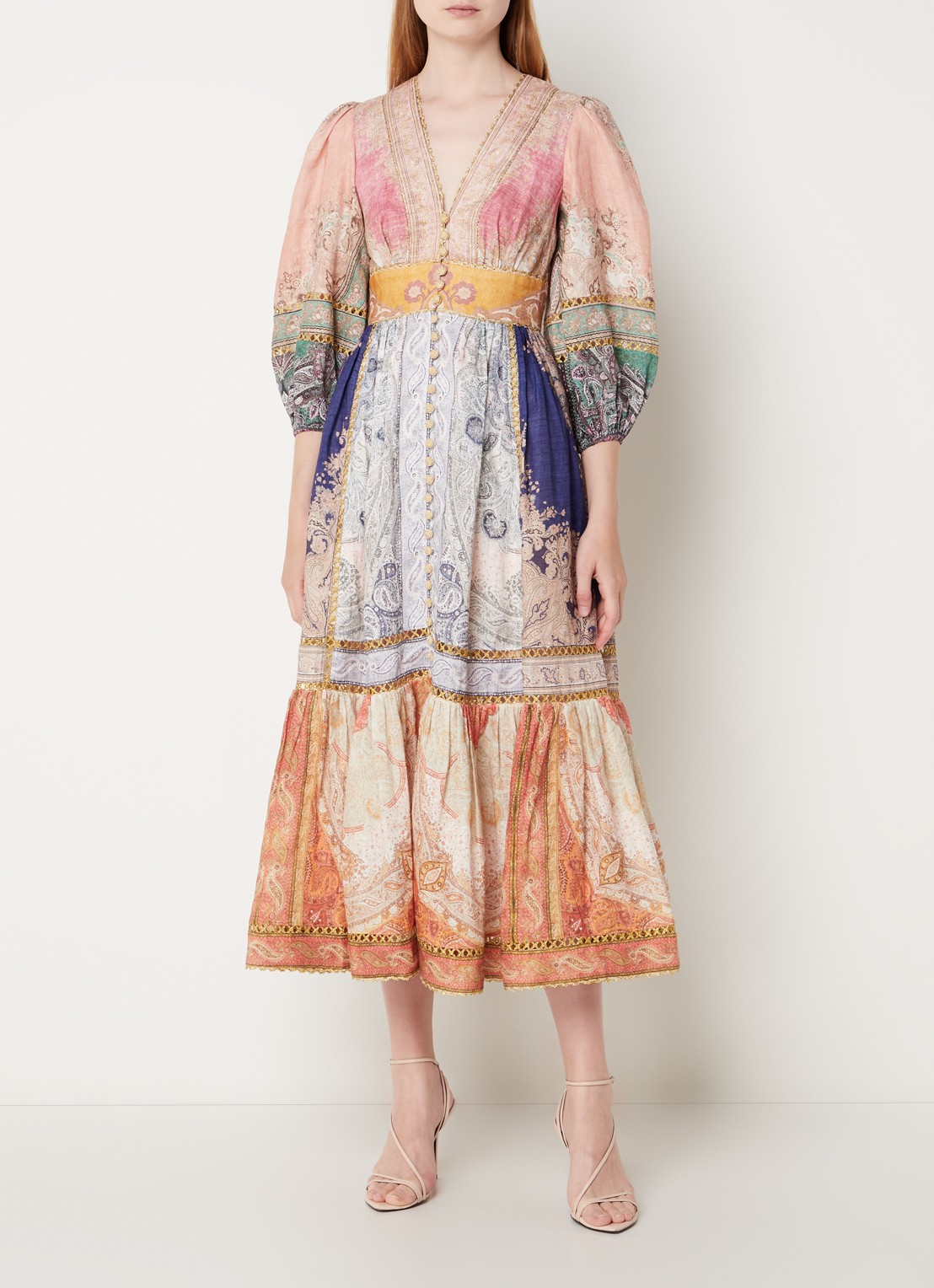 Zimmermann Anneke midi blousejurk van linnen met lurex en steekzakken - detail 5 oranje
