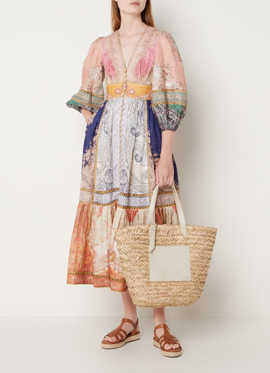 Zimmermann Anneke midi blousejurk van linnen met lurex en steekzakken - voorkant 2 oranje