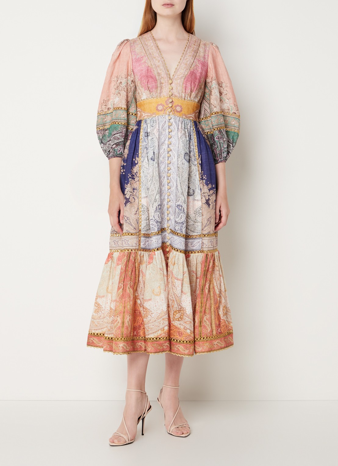 Zimmermann Anneke midi blousejurk van linnen met lurex en steekzakken - voorkant 3 oranje