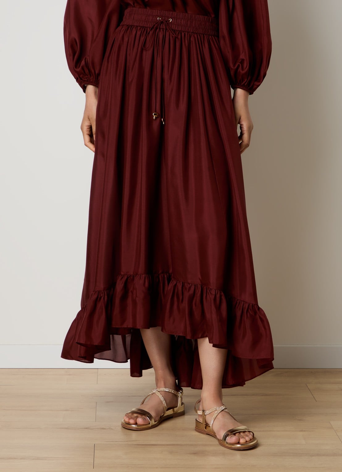 Zimmermann Aster maxi rok van zijde met volant - detail 2 bordeauxrood