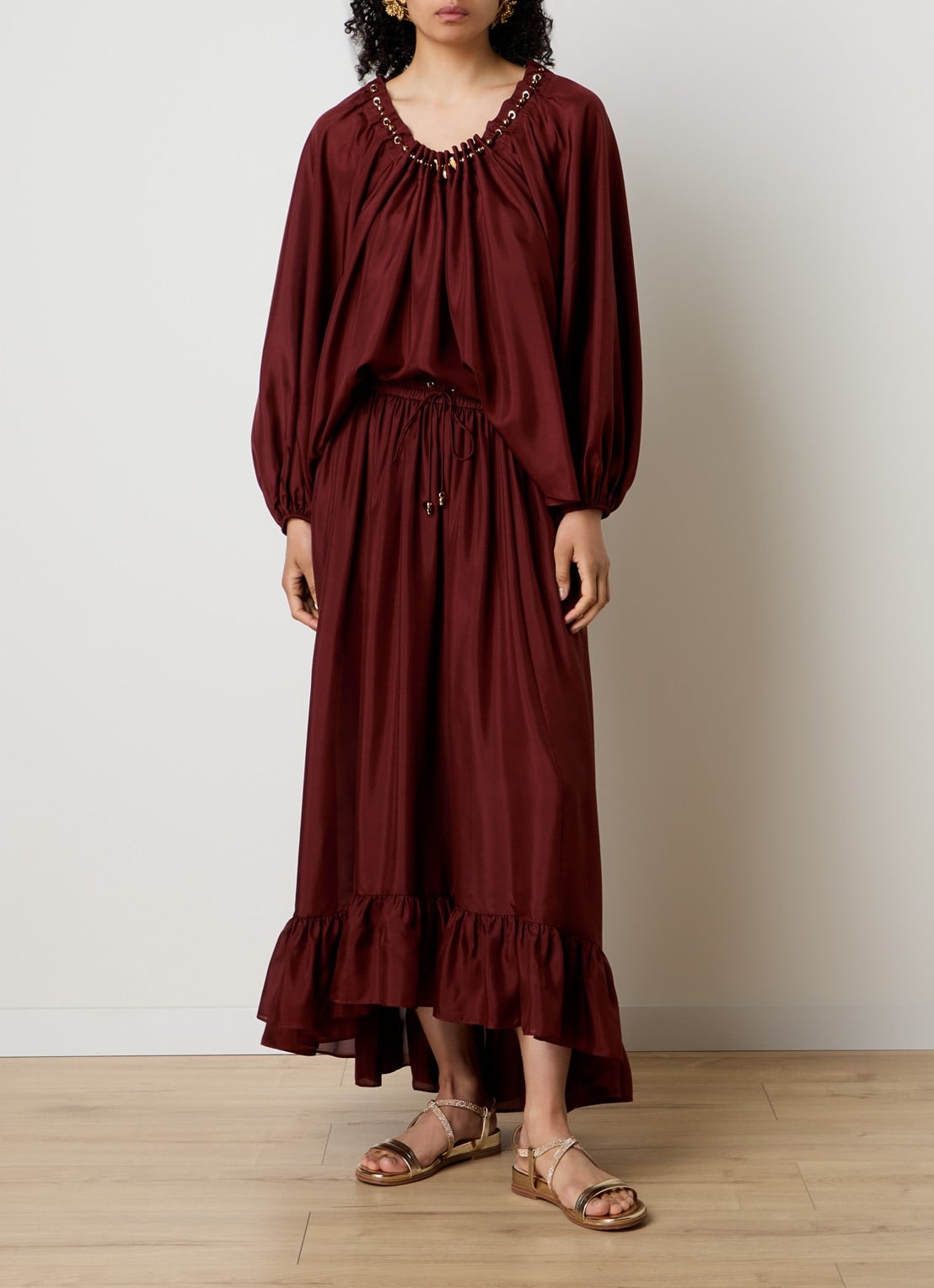 Zimmermann Aster maxi rok van zijde met volant - voorkant 5 bordeauxrood