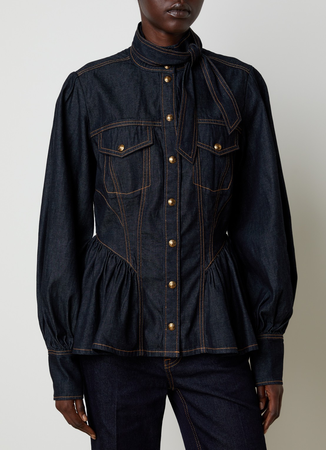 Zimmermann Blouse van denim met sjaalkraag - detail 2 blauw