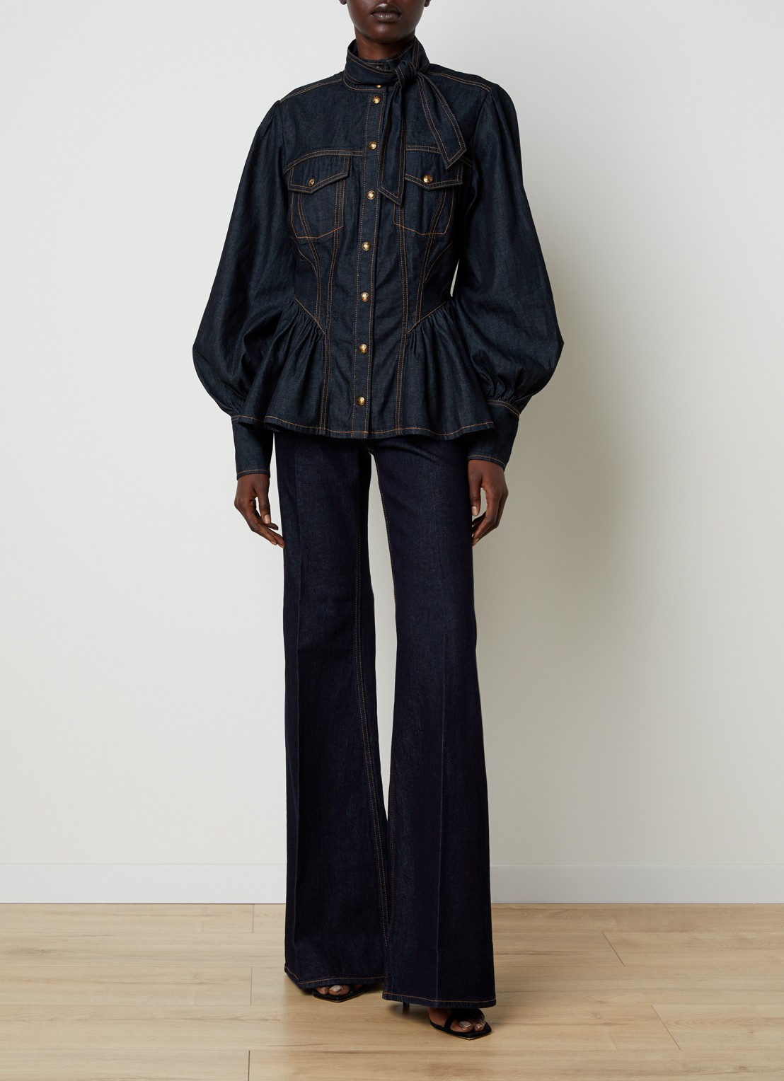 Zimmermann Blouse van denim met sjaalkraag - voorkant 5 blauw