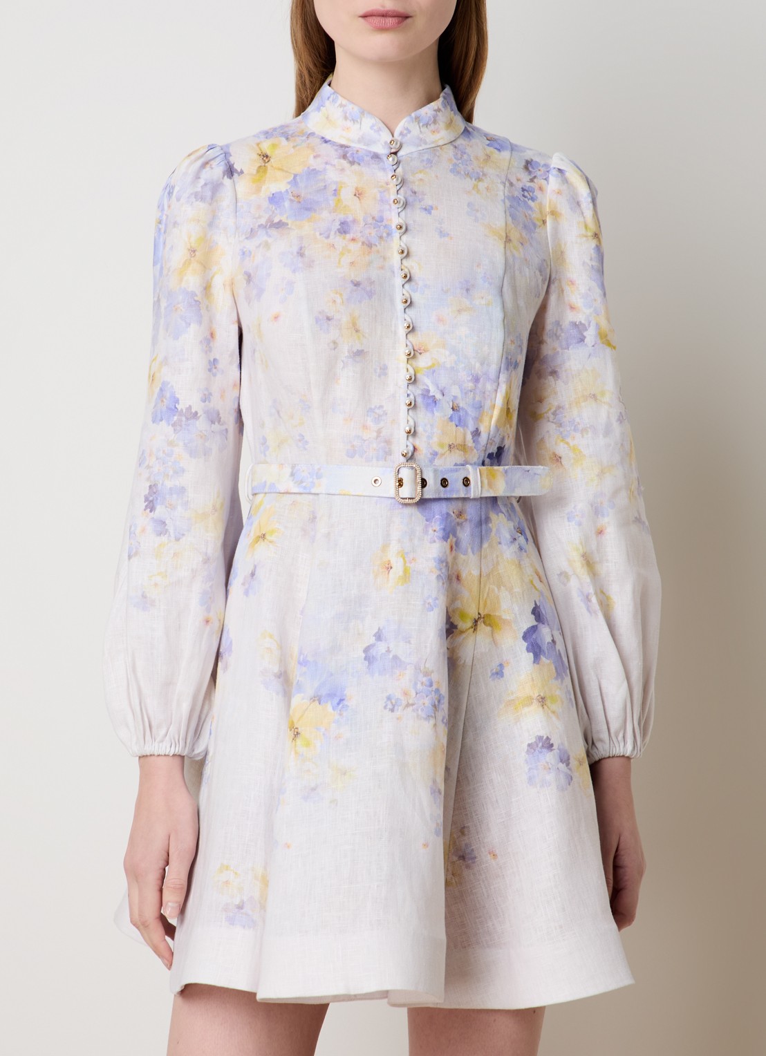 Zimmermann Crush mini jurk van linnen met bloemenprint en ceintuur - detail 3 lila