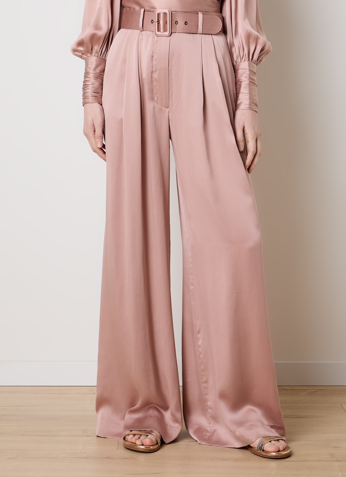 Zimmermann High waist wide fit pantalon van zijde met ceintuur - detail 4 oudroze