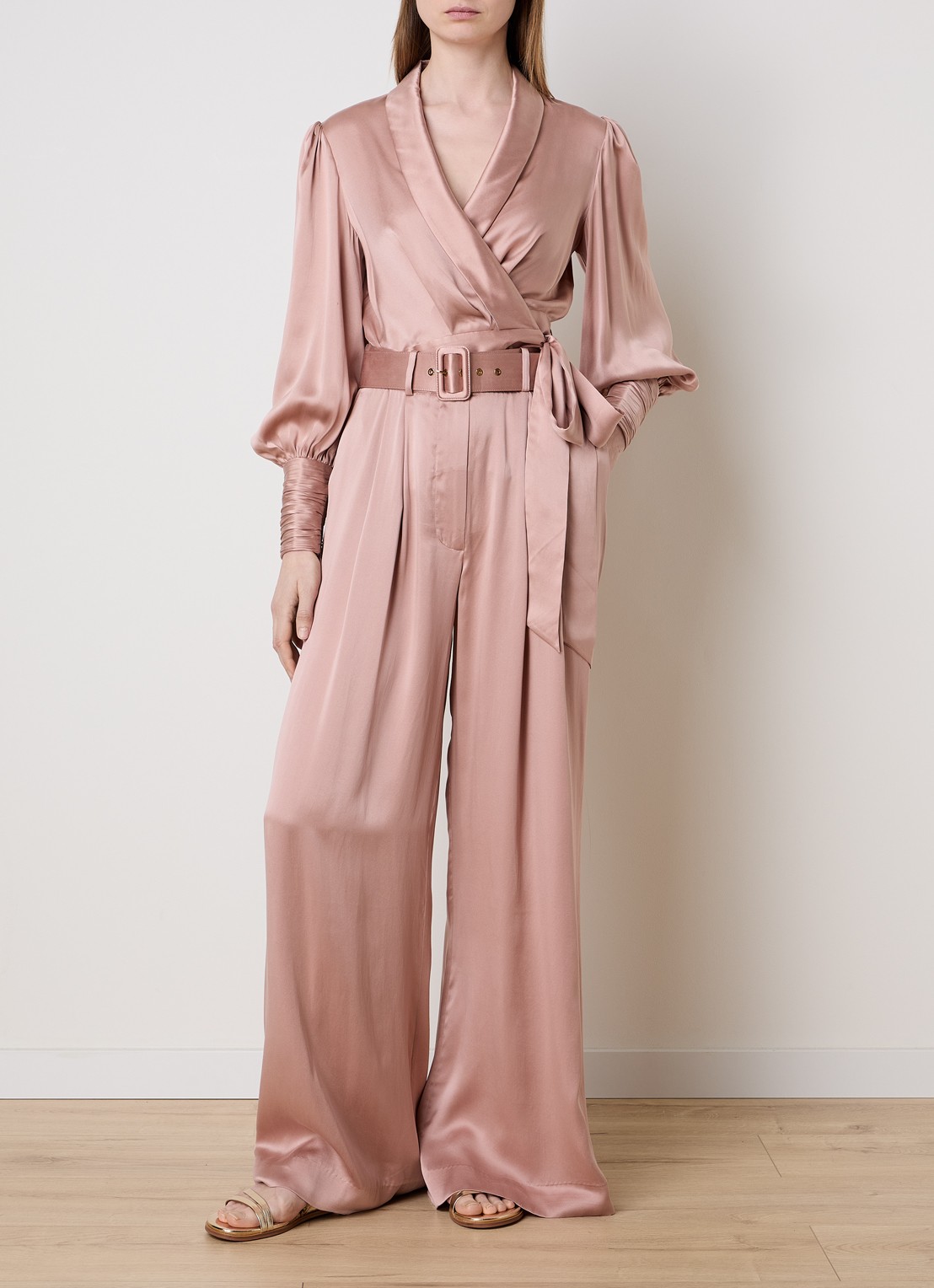 Zimmermann High waist wide fit pantalon van zijde met ceintuur - voorkant 3 oudroze
