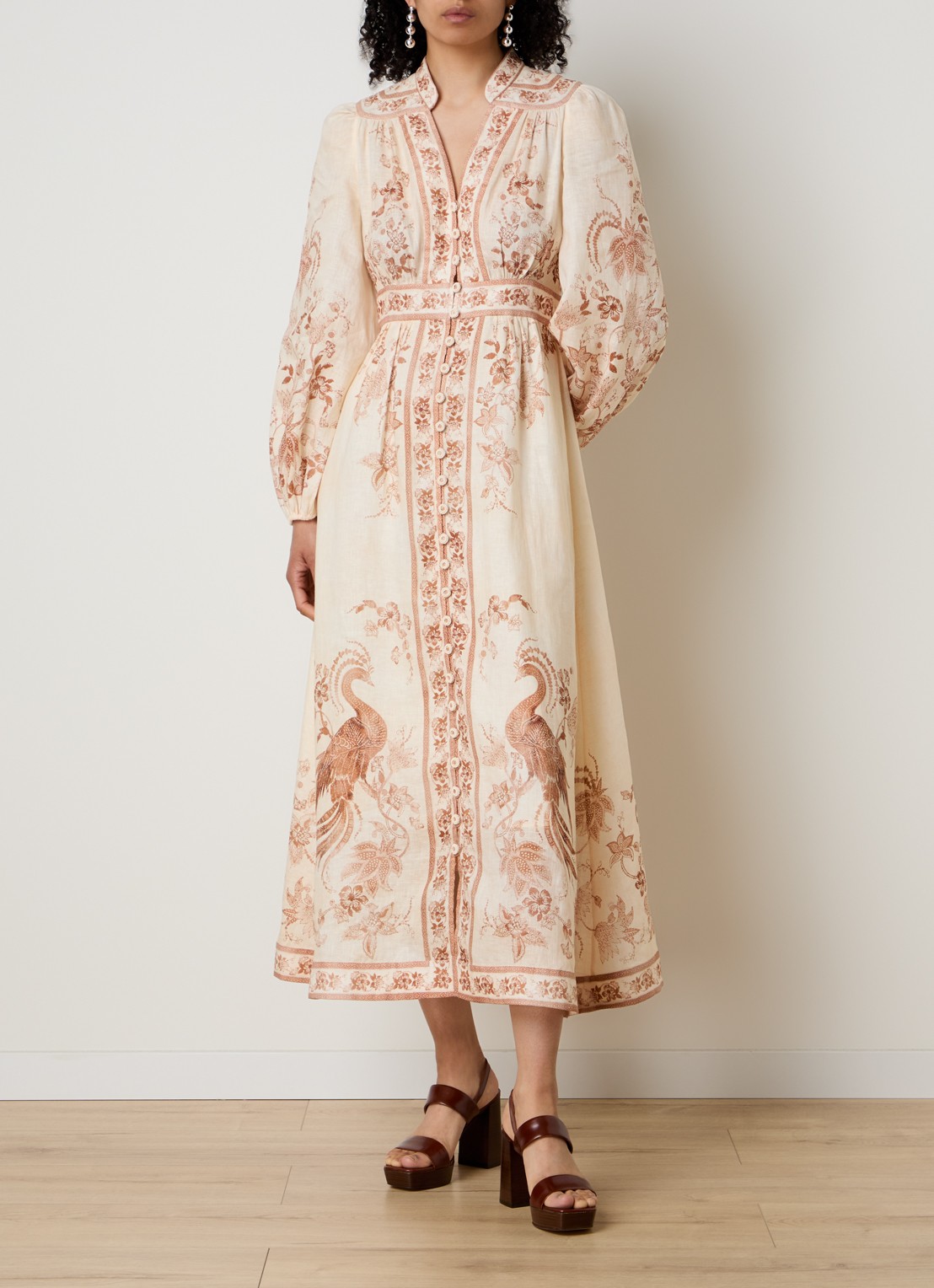 Zimmermann Indra midi blousejurk van linnen met bloemenprint - detail beige