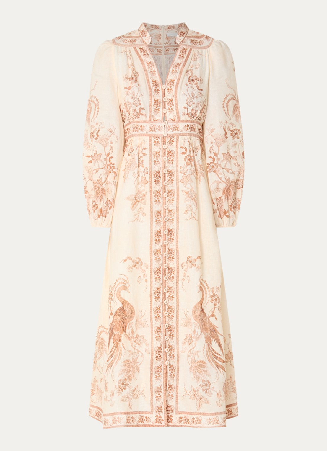 Zimmermann Indra midi blousejurk van linnen met bloemenprint - voorkant 3 beige