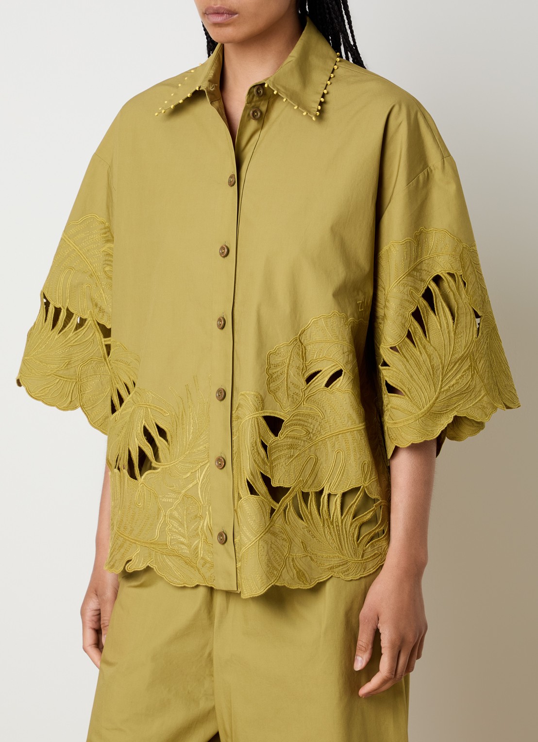 Zimmermann Mahon blouse met broderie - detail mosgroen