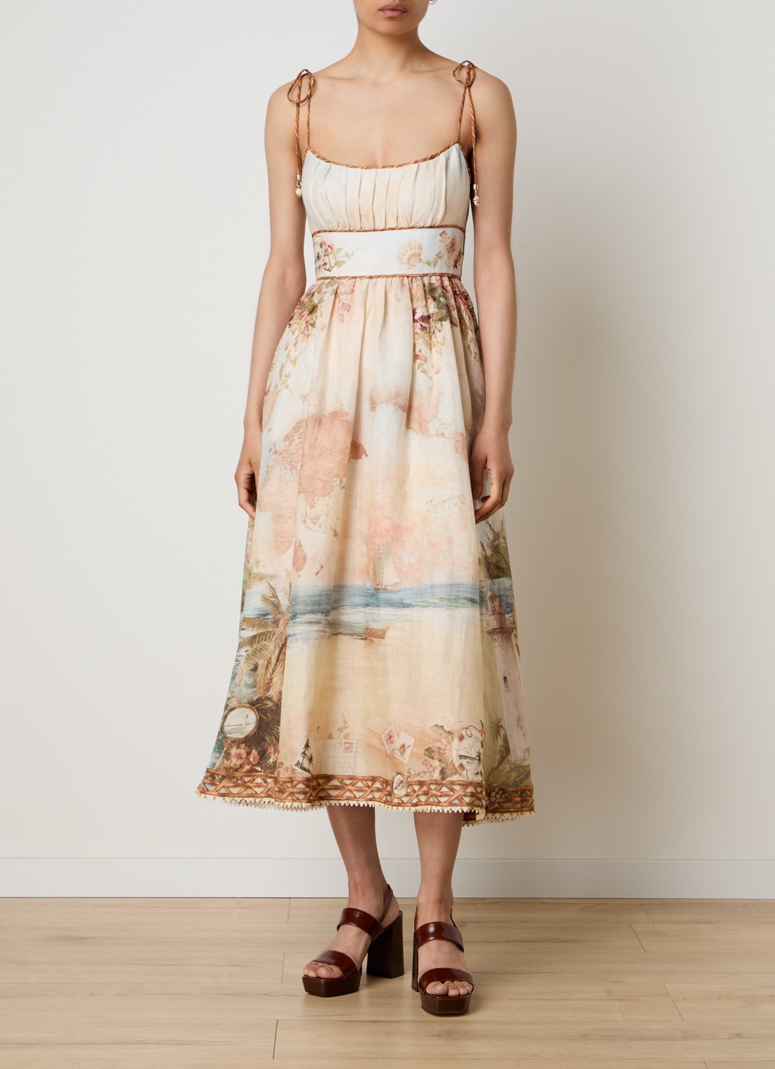 Zimmermann Mahon Picnic maxi A-lijn jurk van linnen met print - detail 3 roestbruin