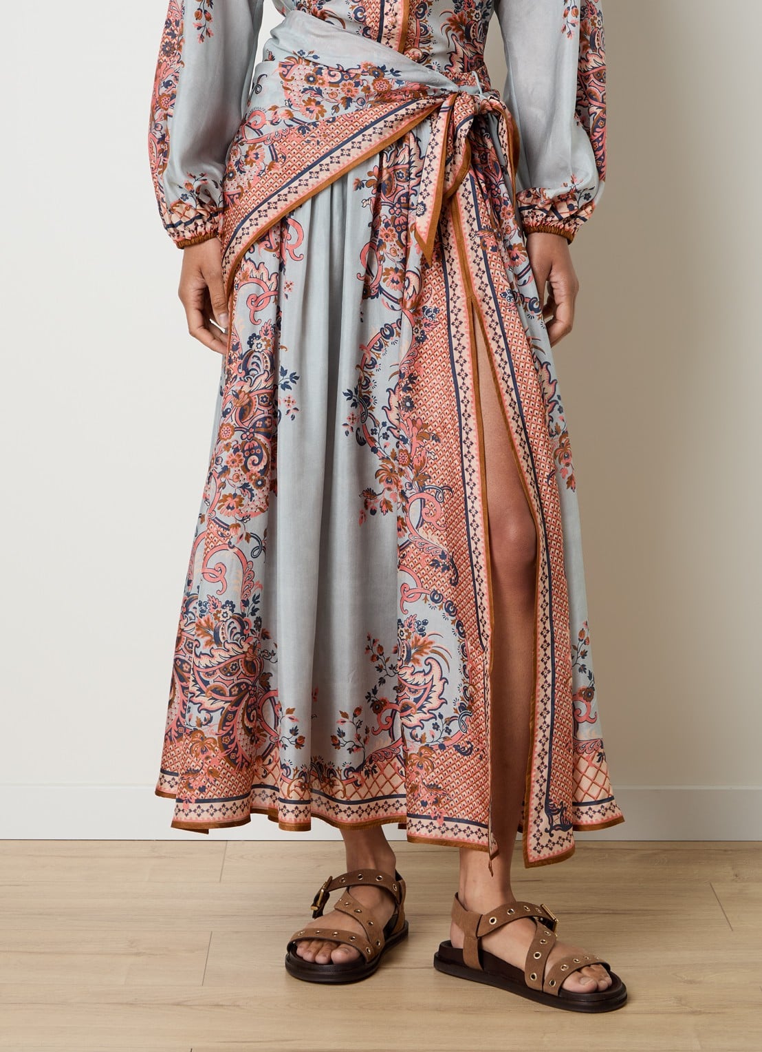 Zimmermann Maxi rok van zijde met split - detail blauwgrijs