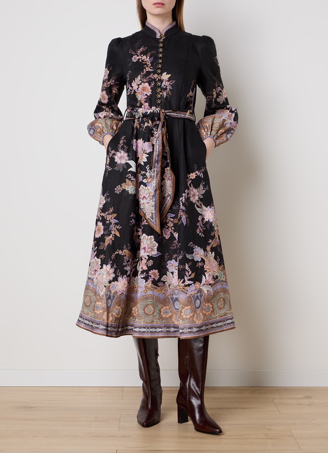 Zimmermann Midi tuniekjurk van linnen met strikceintuur - detail 4 zwart