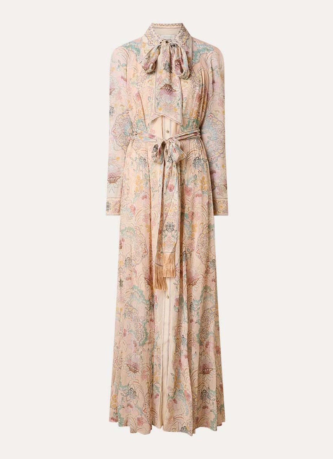 Zimmermann Rebellion maxi blousejurk met bloemenprint en strikceintuur - voorkant lichtroze
