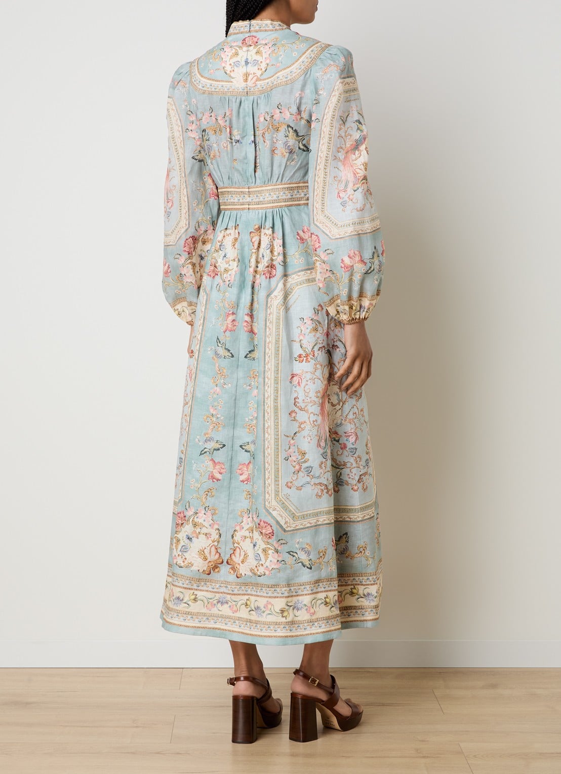 Zimmermann Roselight maxi jurk van linnen met print - achterkant 5 blauwgrijs
