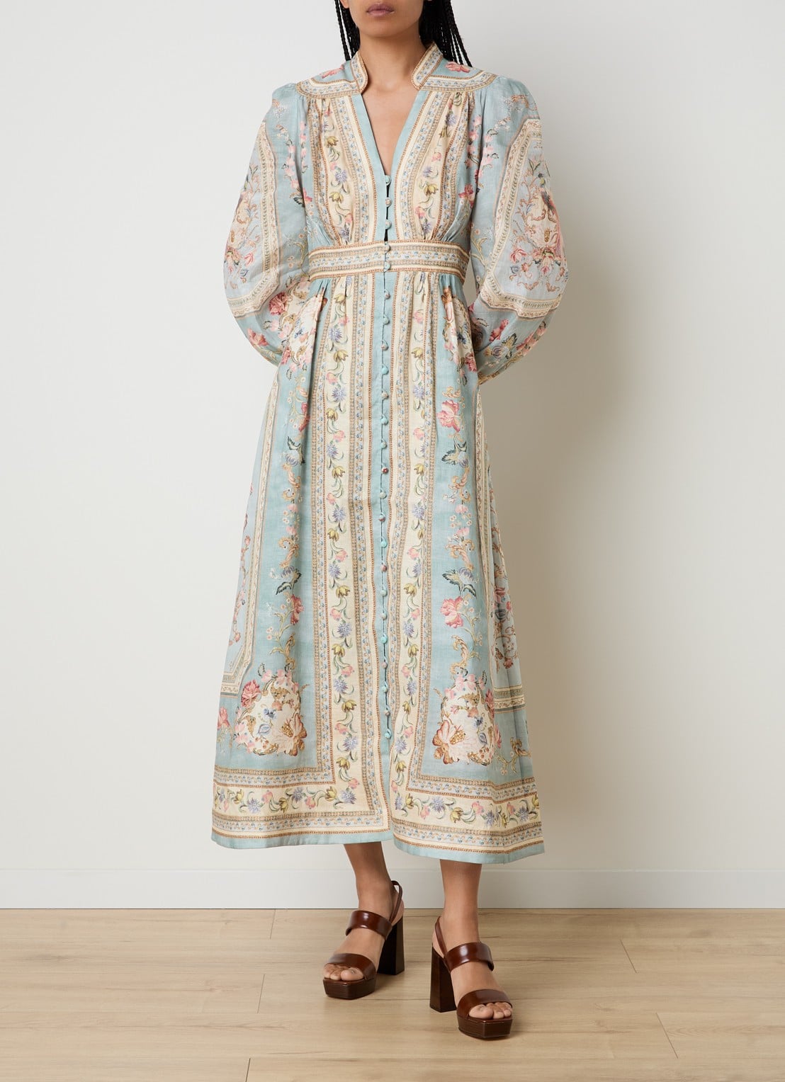 Zimmermann Roselight maxi jurk van linnen met print - detail blauwgrijs