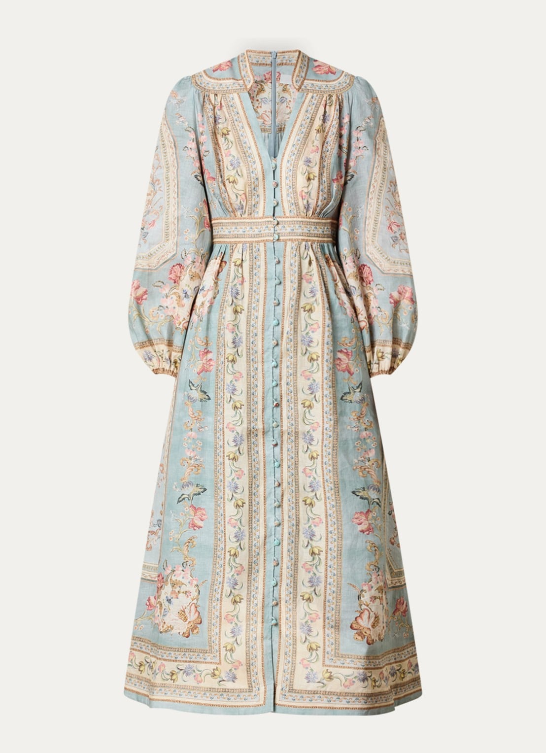 Zimmermann Roselight maxi jurk van linnen met print - voorkant 3 blauwgrijs