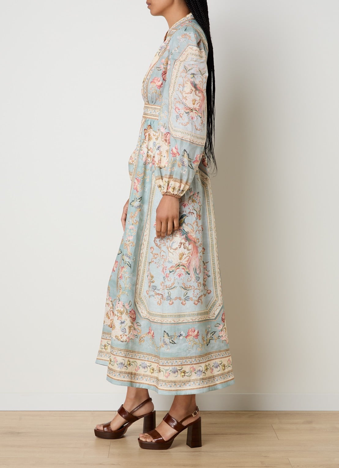 Zimmermann Roselight maxi jurk van linnen met print - voorkant 4 blauwgrijs