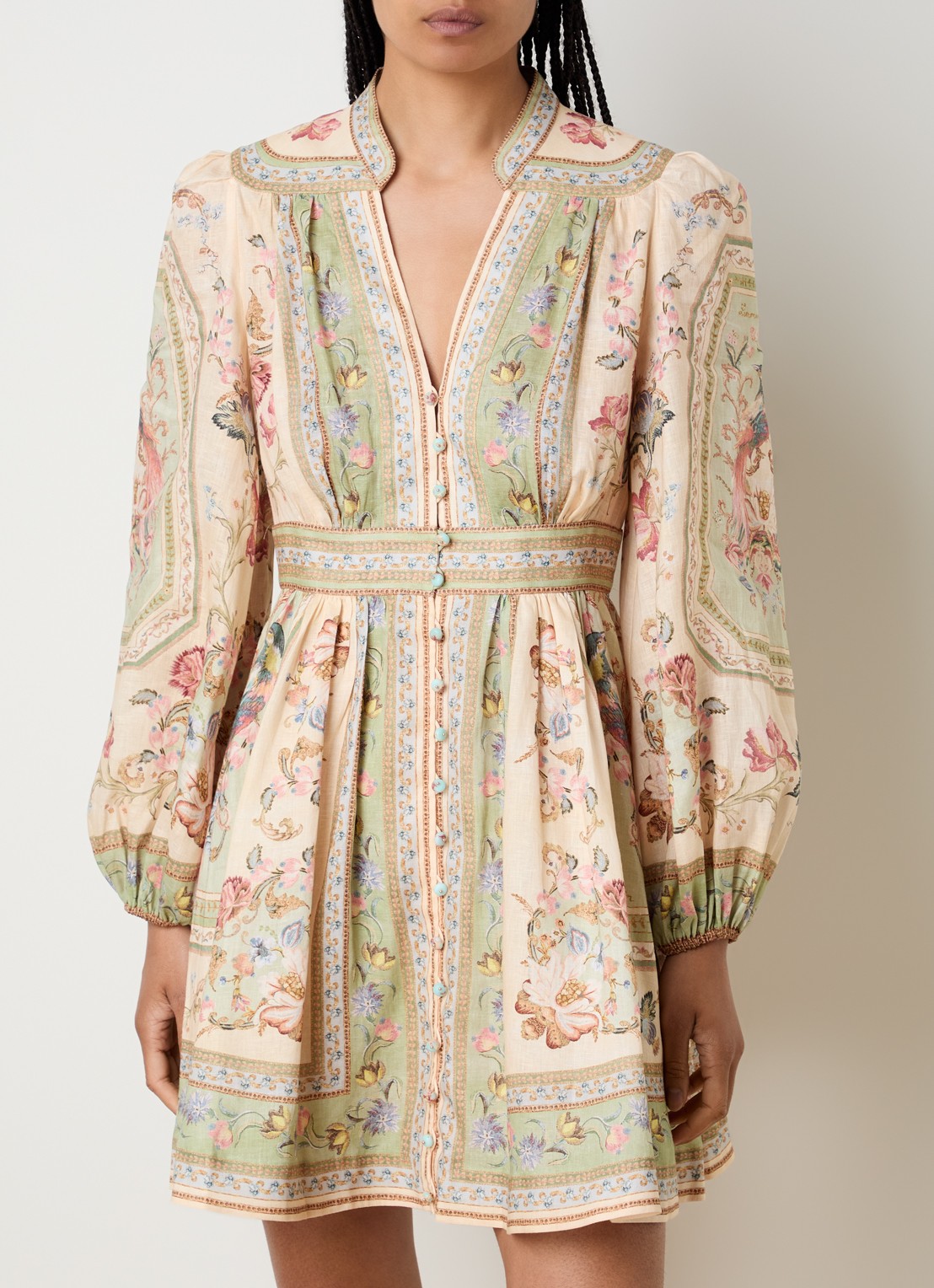 Zimmermann Roselight mini jurk van linnen met print - detail ivoor